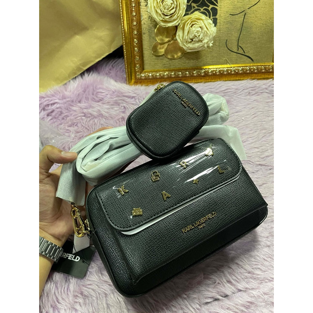 ORIG & IMPORTED Karl Lagerfeld Maybelle Crossbody Camera Black Bag With Pouch
