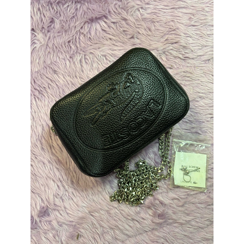 ORIG Preloved LCT Croco Crew Grained Leather Zip Shoulder Black Bag