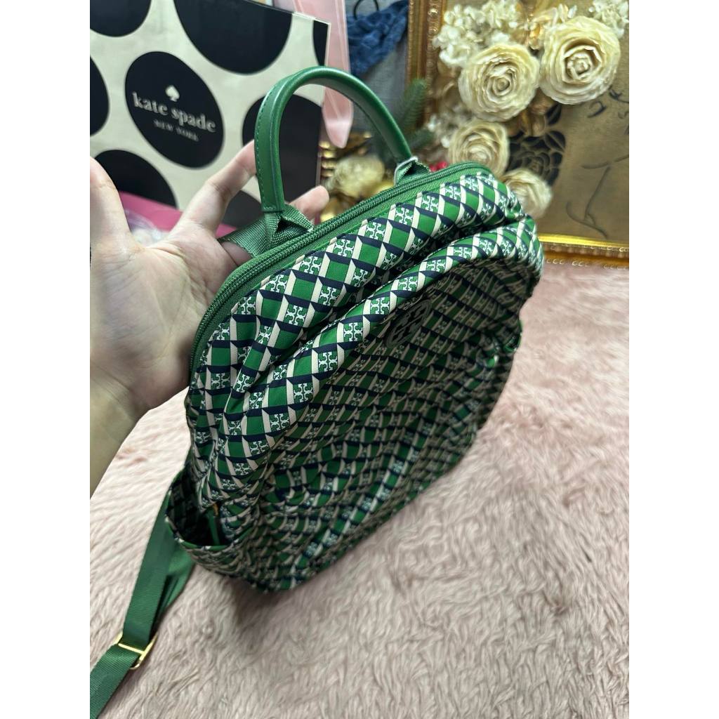 ORIG Preloved RARE TB Ella Nylon Medium Backpack in a Green Geometric Print