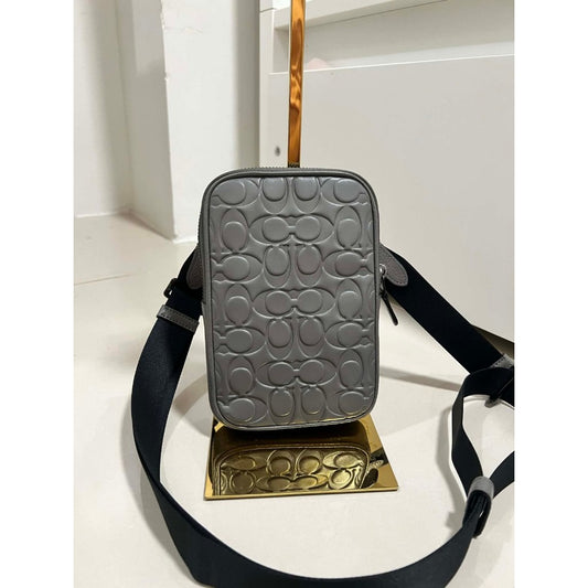 ORIG Preloved Coach Aden Phone Signature Embossed Small Gray Men Bag