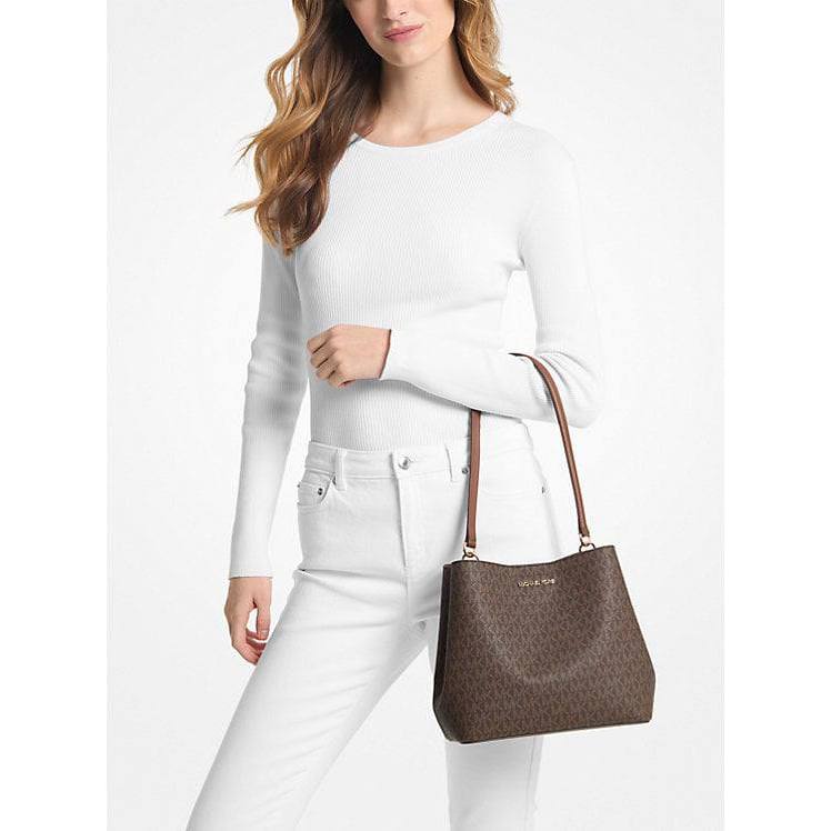ORIG & IMPORTED MK Pratt Medium Signature Logo Shoulder Bag Brown/Vanilla White