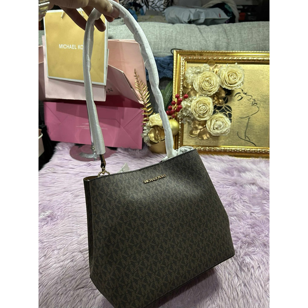 ORIG & IMPORTED MK Pratt Medium Signature Logo Shoulder Bag Brown/Vanilla White
