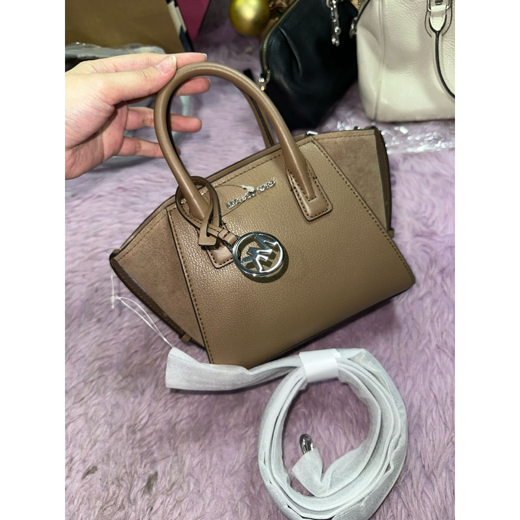 ORIG & IMPORTED MK Avril Extra-Small Leather and Suede Satchel Black Brown White Small Bag