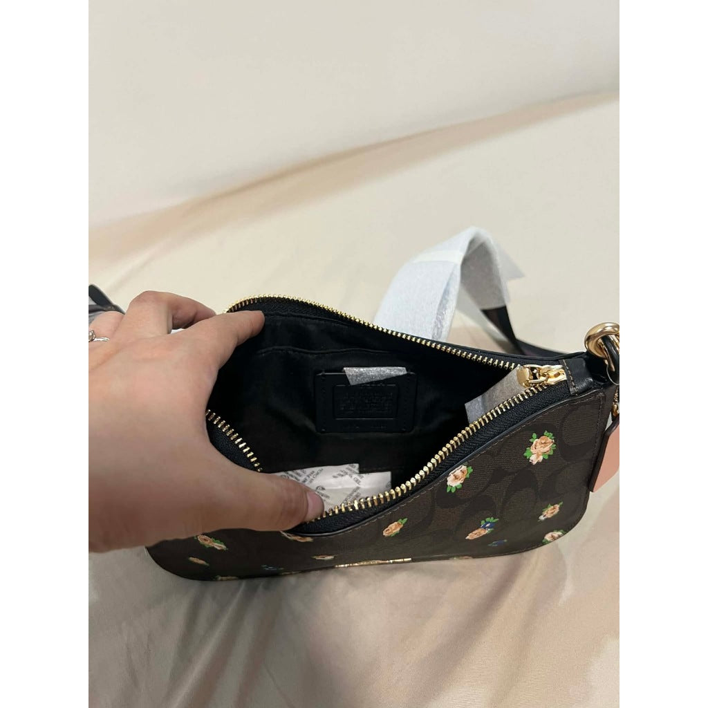 ORIG & IMPORTED CCH Jes Baguette In Signature Canvas With Rose Print Brown Small Bag