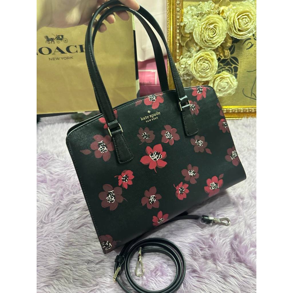 ORIG Preloved KS Perry Leather Medium Satchel Black Floral Bag