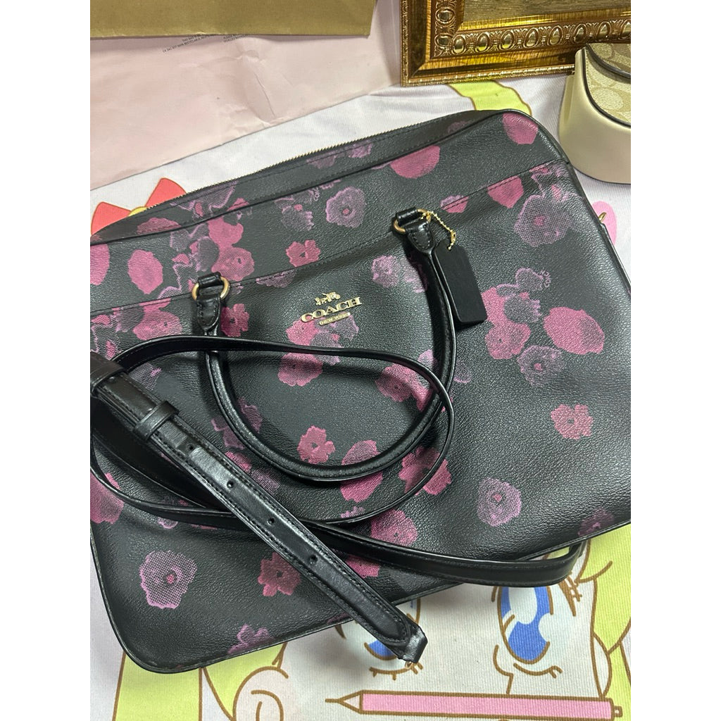 ORIG Preloved Coach Laptop Black Bag with Floral Print