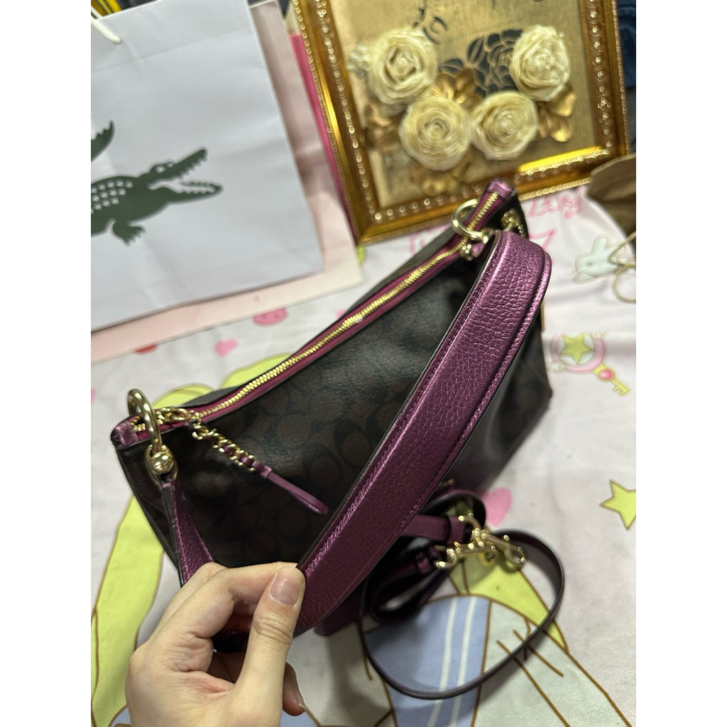 ORIG Preloved RARE CCH Mia Shoulder Bag Signature Brown Metallic Berry