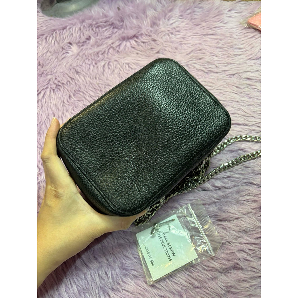 ORIG Preloved LCT Croco Crew Grained Leather Zip Shoulder Black Bag