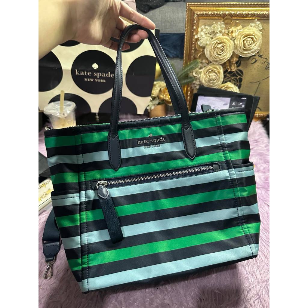 ORIG Preloved KS Chelsea Foliage Stripe Medium Satchel Nylon Green Bag