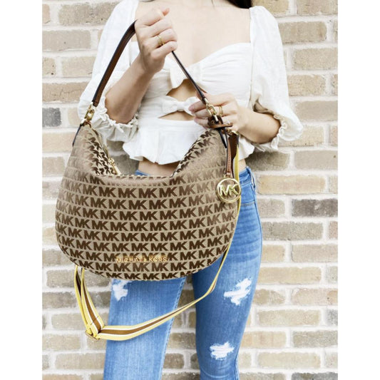 ORIG & IMPORTED MK Jet Set Bedford Hobo Shoulder Brown Bag Jacquard Canvas