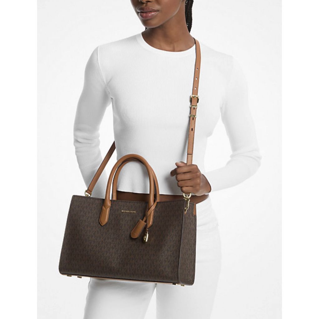 ORIG & IMPORTED MK Retail Scarlett Medium Signature Logo Satchel Bag Brown/White Vanilla