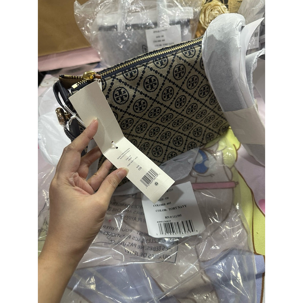 ORIG & IMPORTED Tory TB T Monogram Messenger Navy Blue Hobo Bag