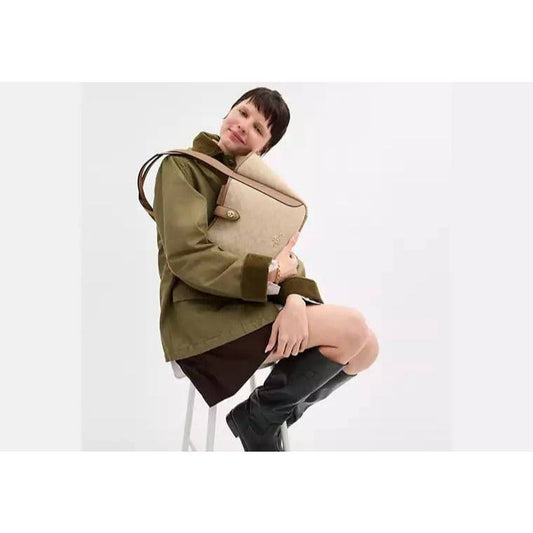 ORIG & IMPORTED CCH Hadley Turnlock Tote Beige Brown Bag With Signature Canvas