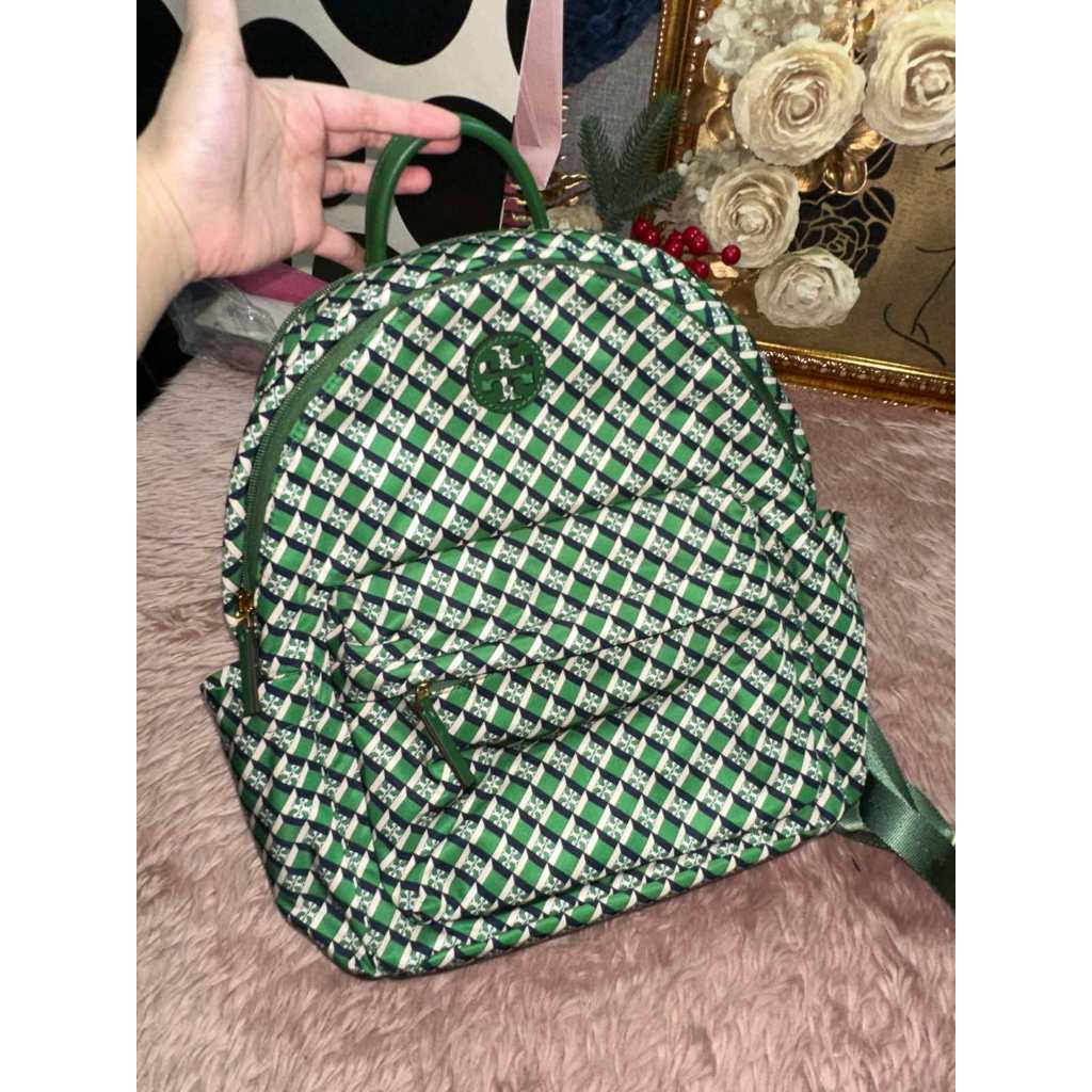 ORIG Preloved RARE TB Ella Nylon Medium Backpack in a Green Geometric Print