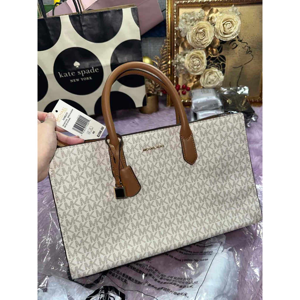 ORIG & IMPORTED MK Retail Scarlett Medium Signature Logo Satchel Bag Brown/White Vanilla