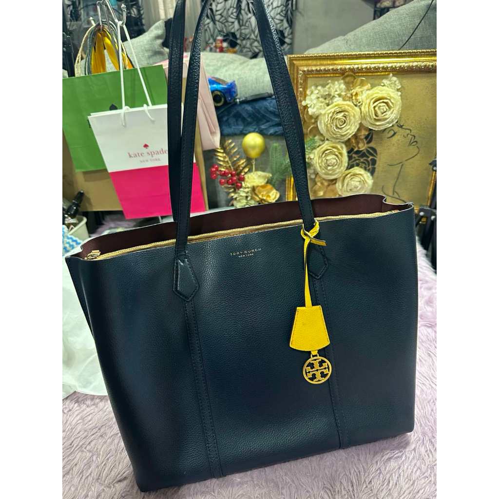 ORIG Preloved TB Perry Triple Compartment Large Tote Black Blue