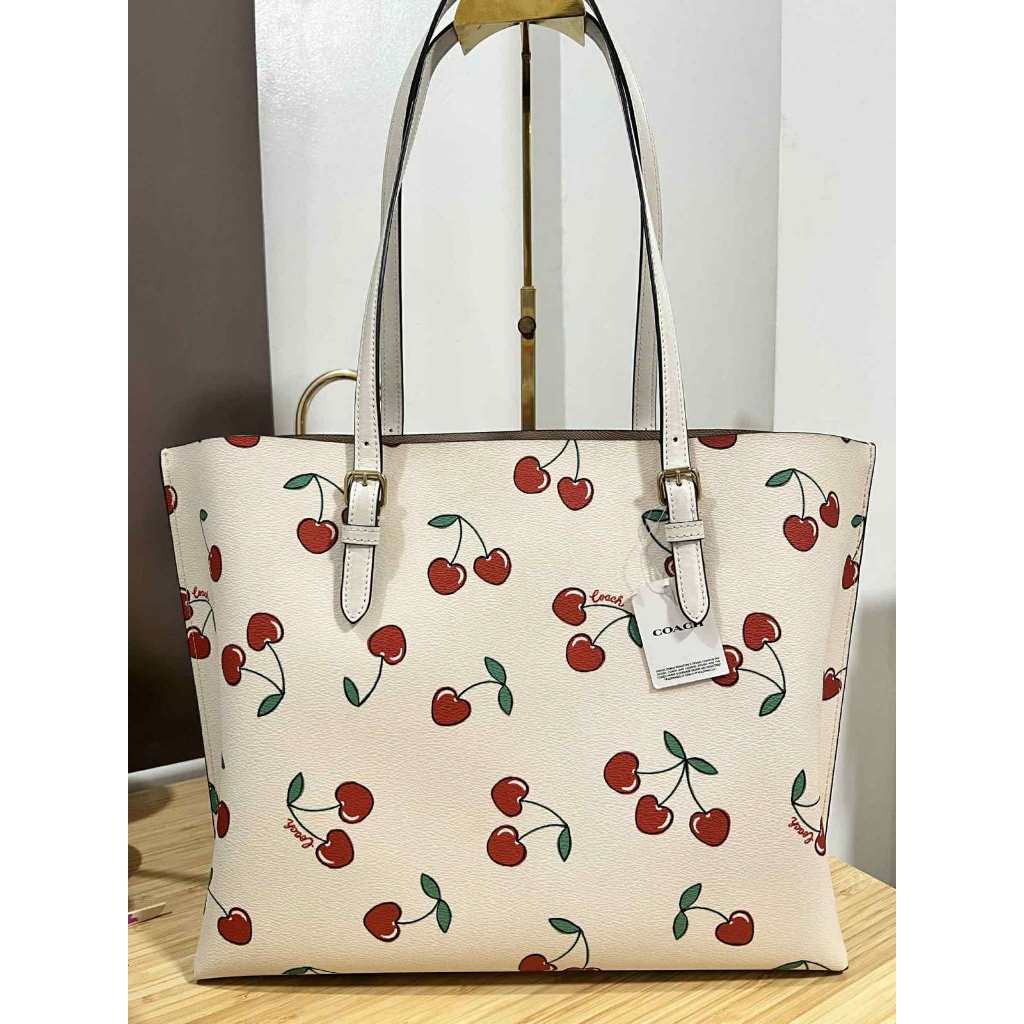 ORIG Preloved CCH Mollie Tote With Heart Cherry Print Large White Bag