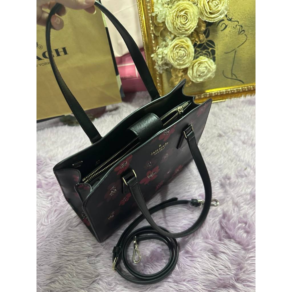 ORIG Preloved KS Perry Leather Medium Satchel Black Floral Bag