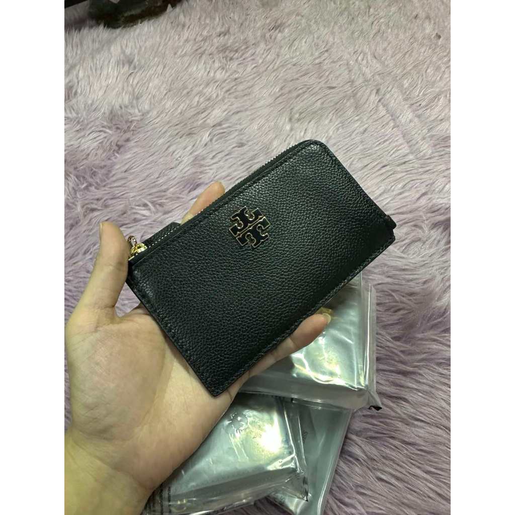 ORIG & IMPORTED TB Britten Zip-Up Pebbled Leather Card Case Wallet in Black