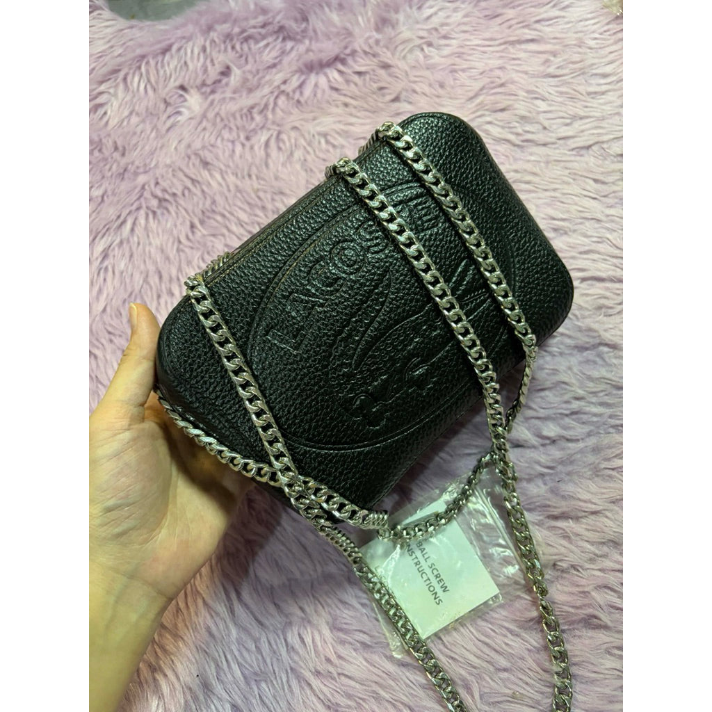 ORIG Preloved LCT Croco Crew Grained Leather Zip Shoulder Black Bag