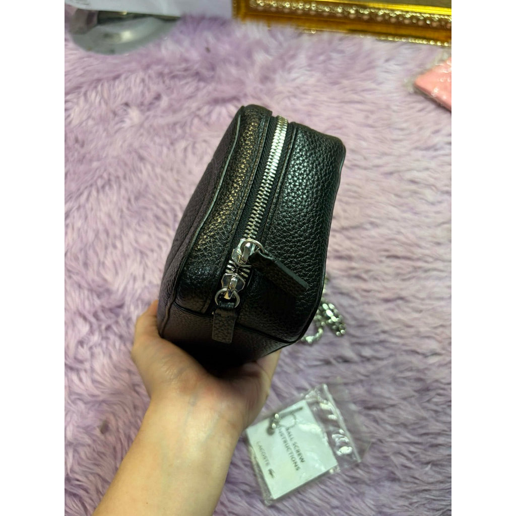 ORIG Preloved LCT Croco Crew Grained Leather Zip Shoulder Black Bag