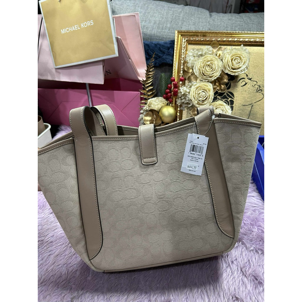 ORIG & IMPORTED CCH Hadley Turnlock Tote Beige Brown Bag With Signature Canvas