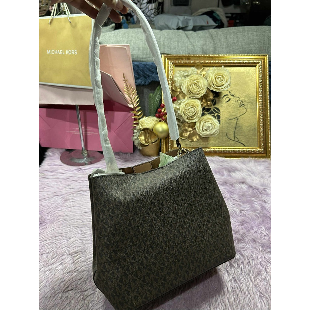 ORIG & IMPORTED MK Pratt Medium Signature Logo Shoulder Bag Brown/Vanilla White