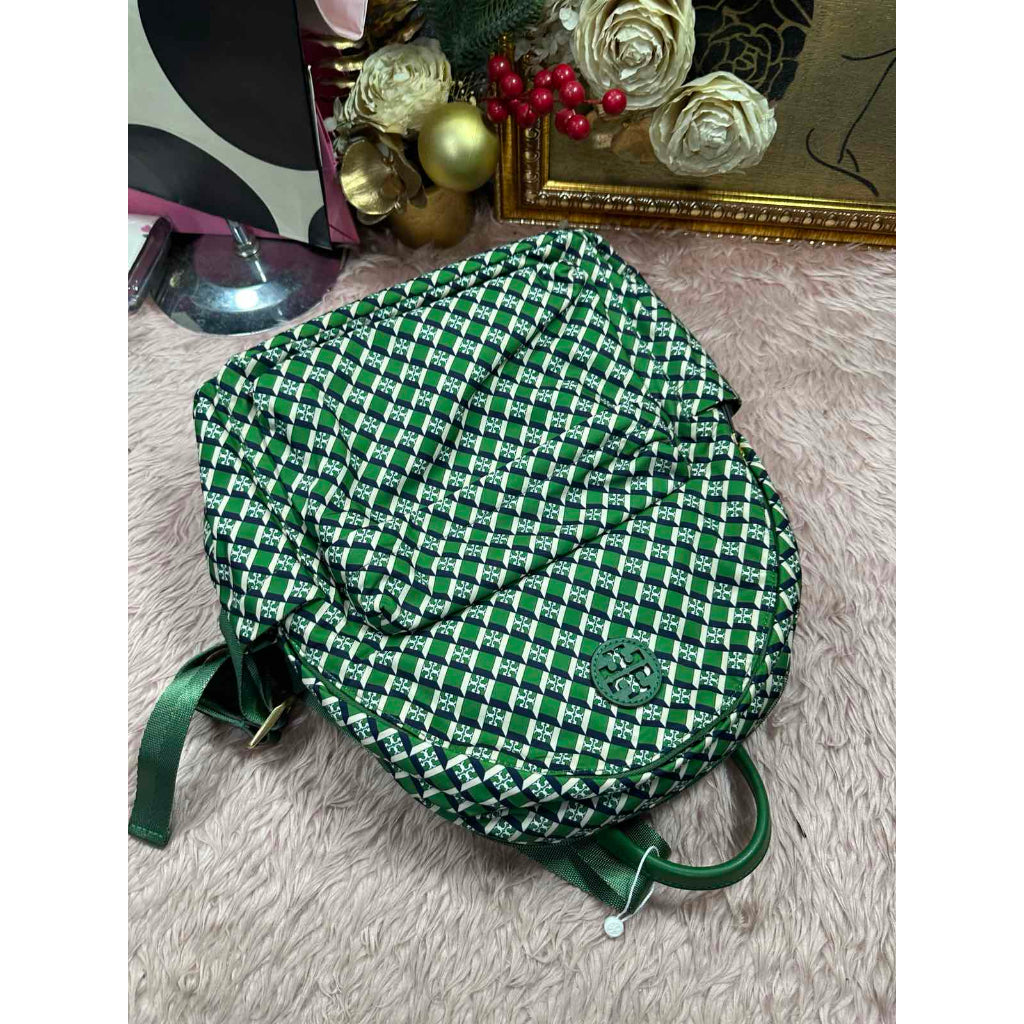 ORIG Preloved RARE TB Ella Nylon Medium Backpack in a Green Geometric Print