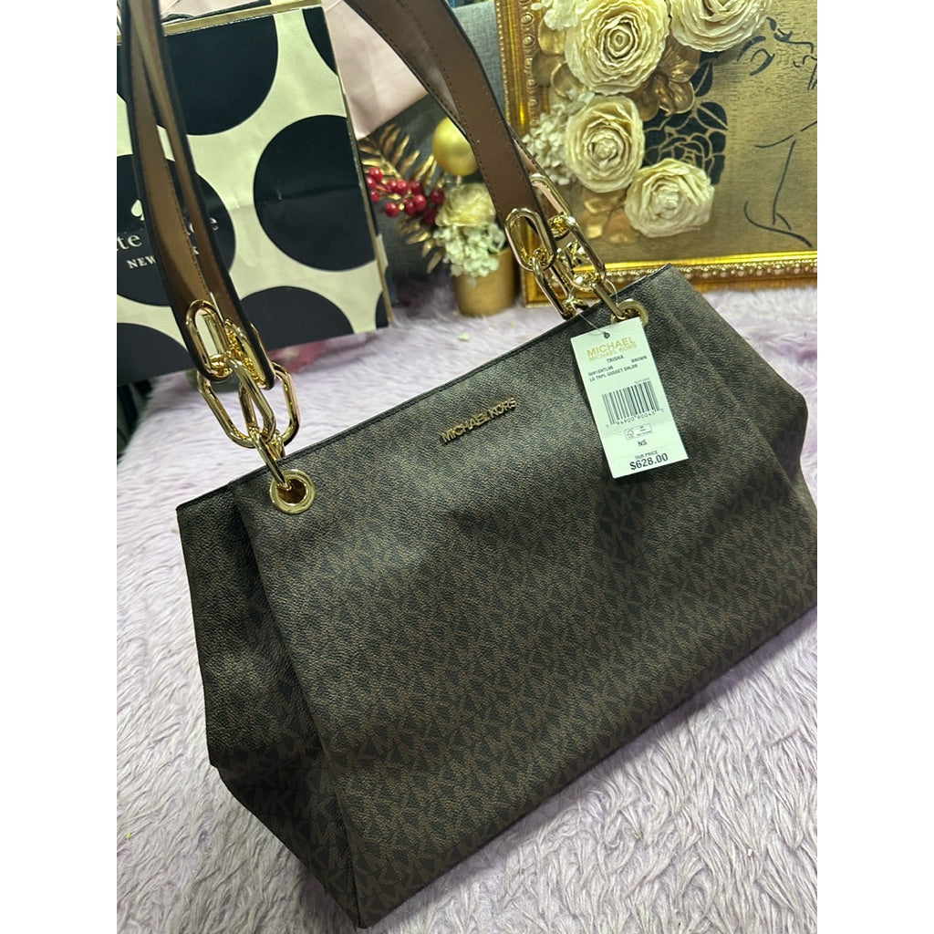 ORIG & IMPORTED MK Trisha Large Logo Shoulder Tote Bag in Brown