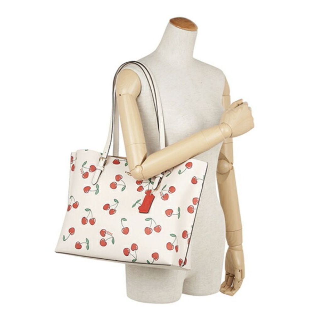 ORIG Preloved CCH Mollie Tote With Heart Cherry Print Large White Bag