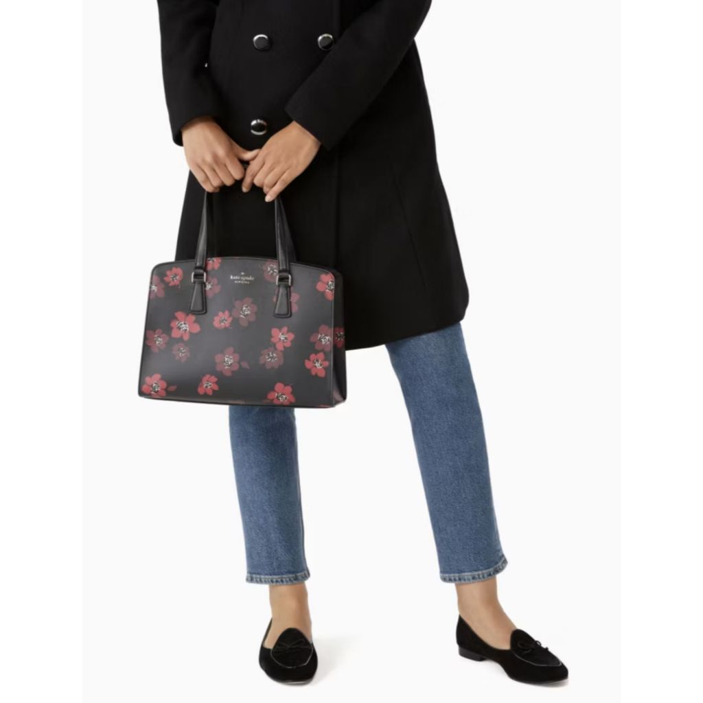 ORIG Preloved KS Perry Leather Medium Satchel Black Floral Bag
