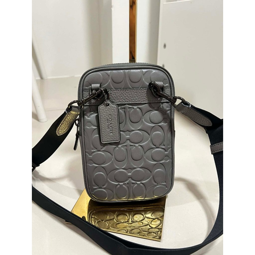 ORIG Preloved Coach Aden Phone Signature Embossed Small Gray Men Bag