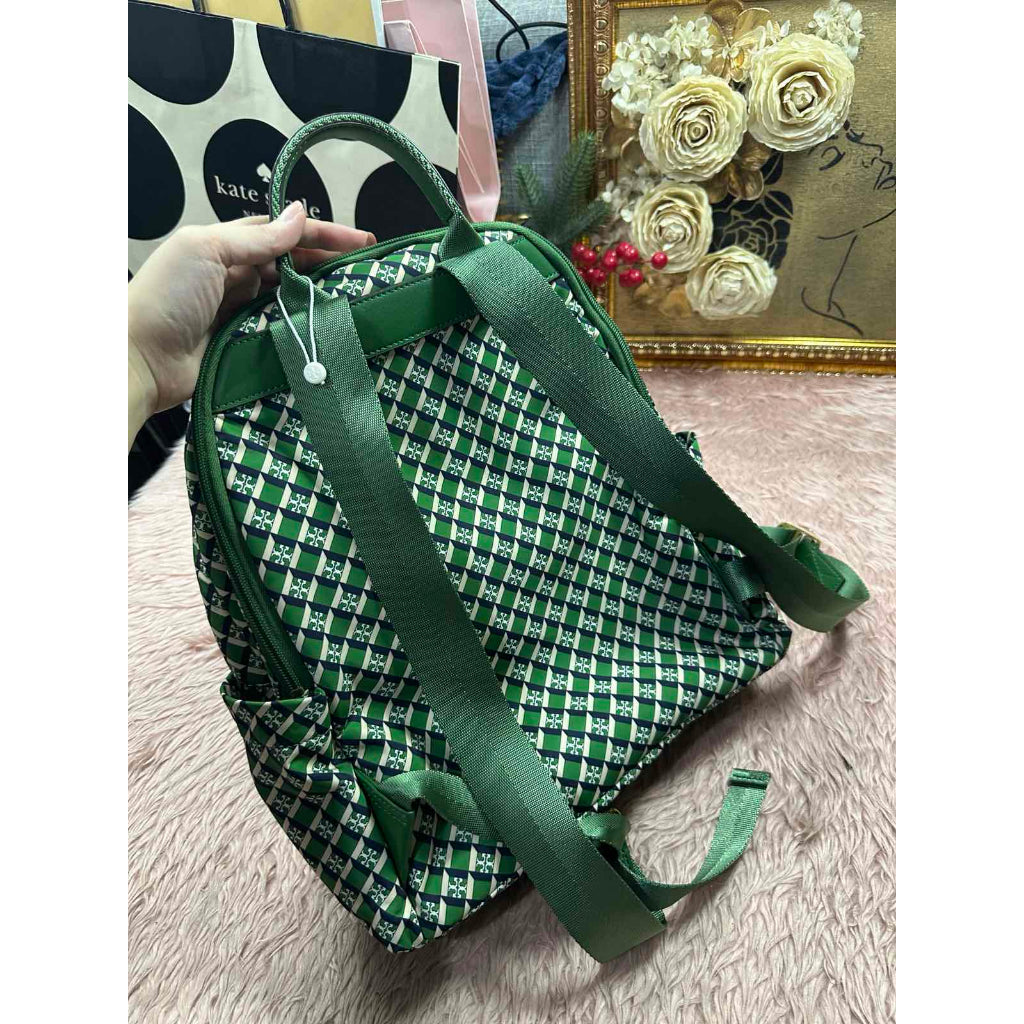 ORIG Preloved RARE TB Ella Nylon Medium Backpack in a Green Geometric Print