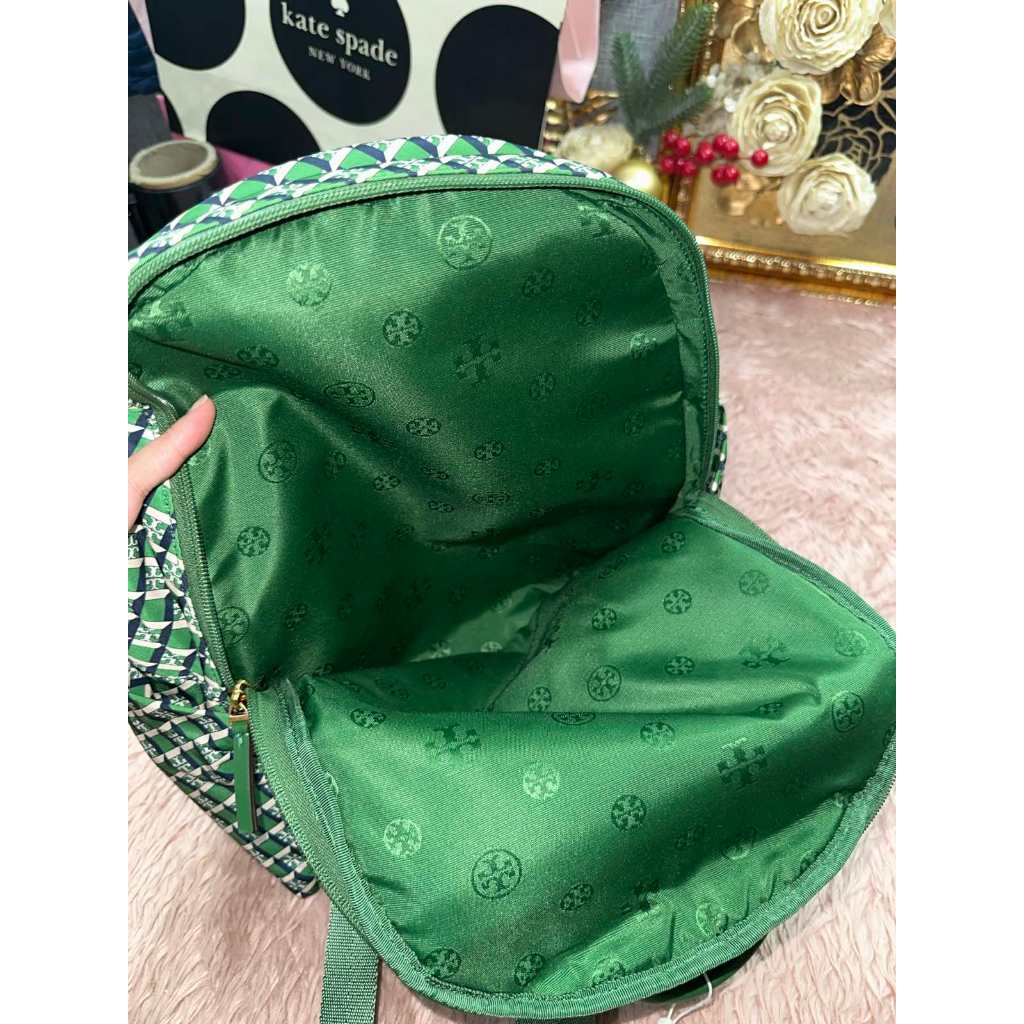 ORIG Preloved RARE TB Ella Nylon Medium Backpack in a Green Geometric Print