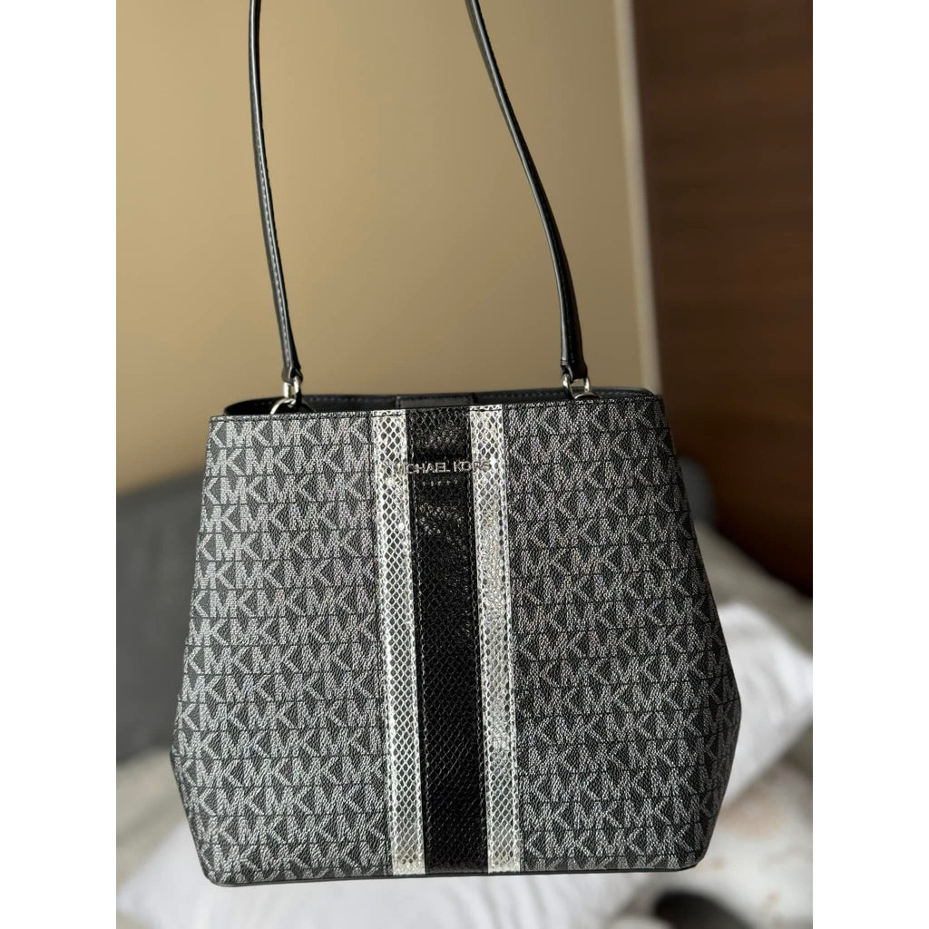 ORIG & IMPORTED MK Pratt Medium Signature Logo and Metallic Shoulder Bag Black