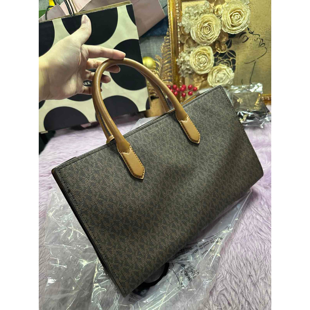 ORIG & IMPORTED MK Retail Scarlett Medium Signature Logo Satchel Bag Brown/White Vanilla