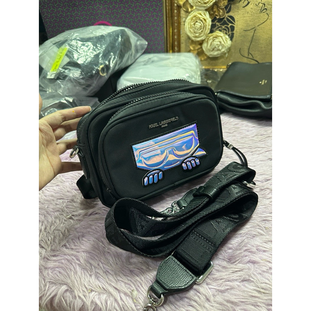 ORIG Preloved Karl Lagerfeld KL Convertible Nylon Black Belt Crossbody Bag