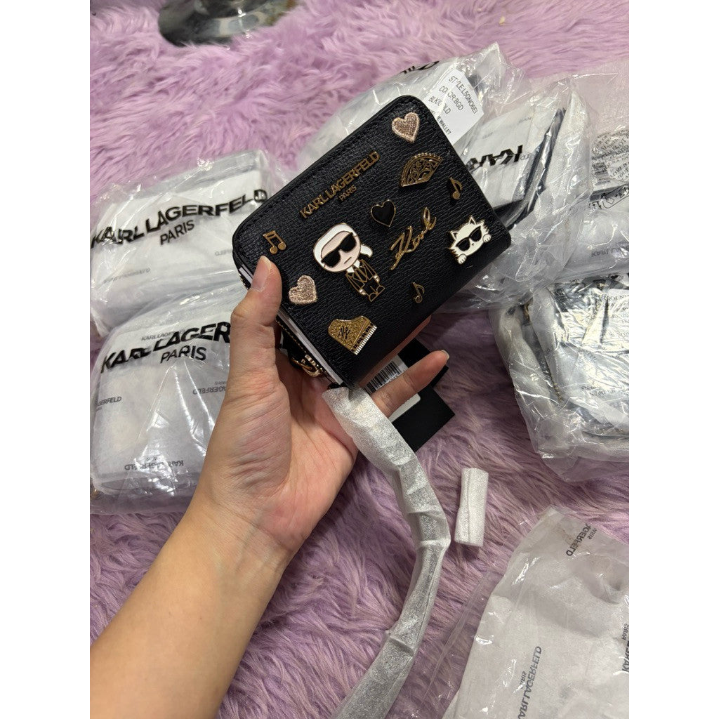 ORIG & IMPORTED Karl Lagerfeld KL Small zip around black bifold wallet wristlet with pins