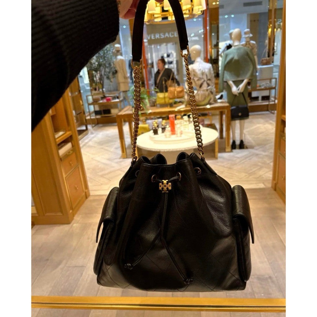 ORIG & IMPORTED TB TBurch Small Charlie Quilted Drawstring Shoulder Bag Black