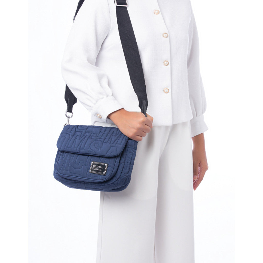ORIG & IMPORTED MJ Nylon Jumbled Logo Messenger Blue Flap Bag