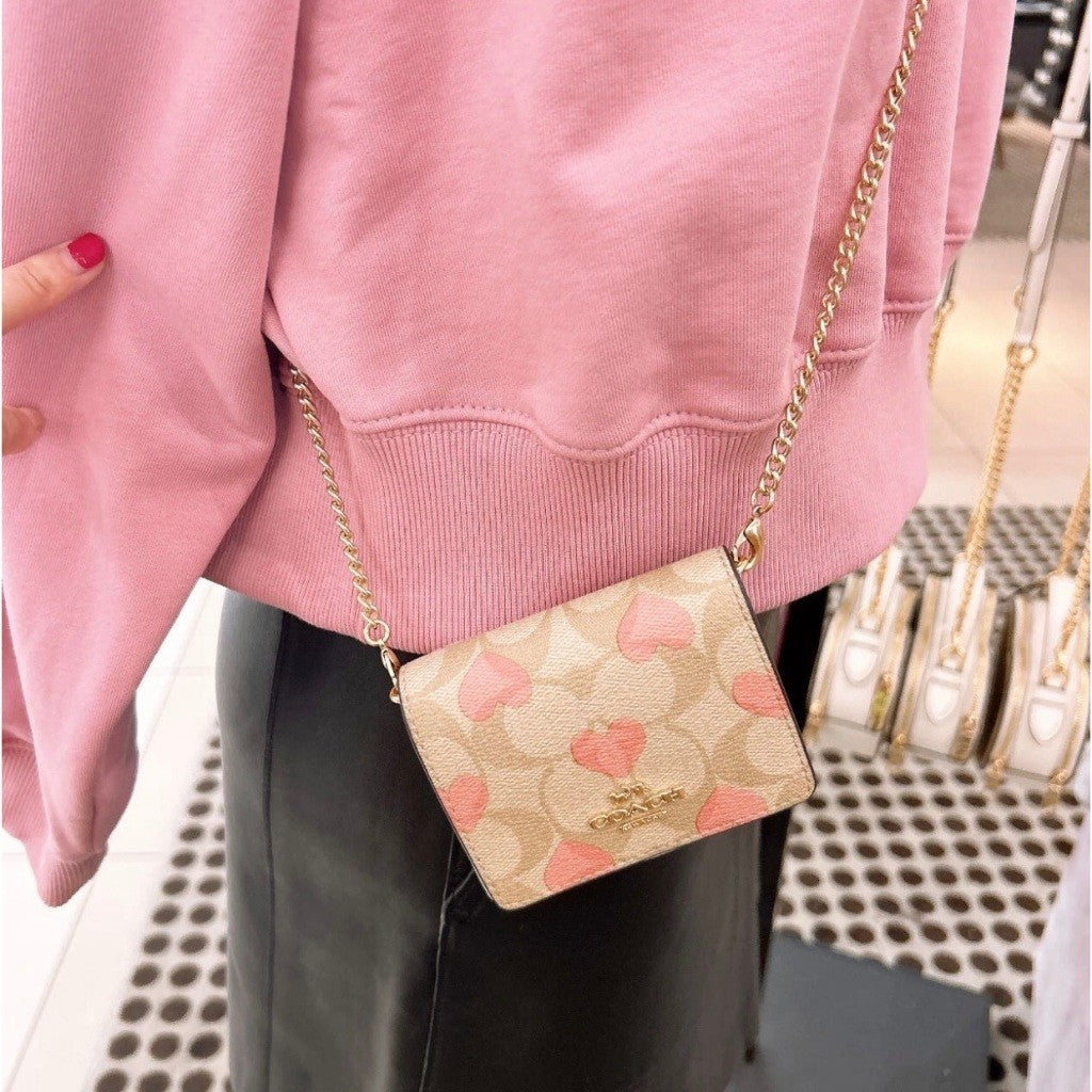 ORIG & IMPORTED CCH Boxed Mini Wallet On A Chain WITH CHARMS Micro Bag Heart Print