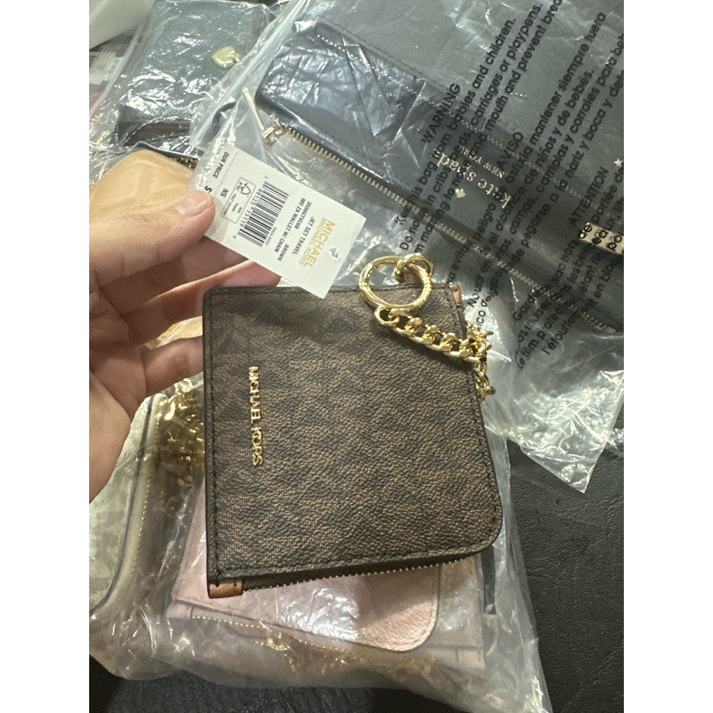 ORIG & IMPORTED MK Signature Logo Chain Wallet Slim Card Holder White/Pink/Brown