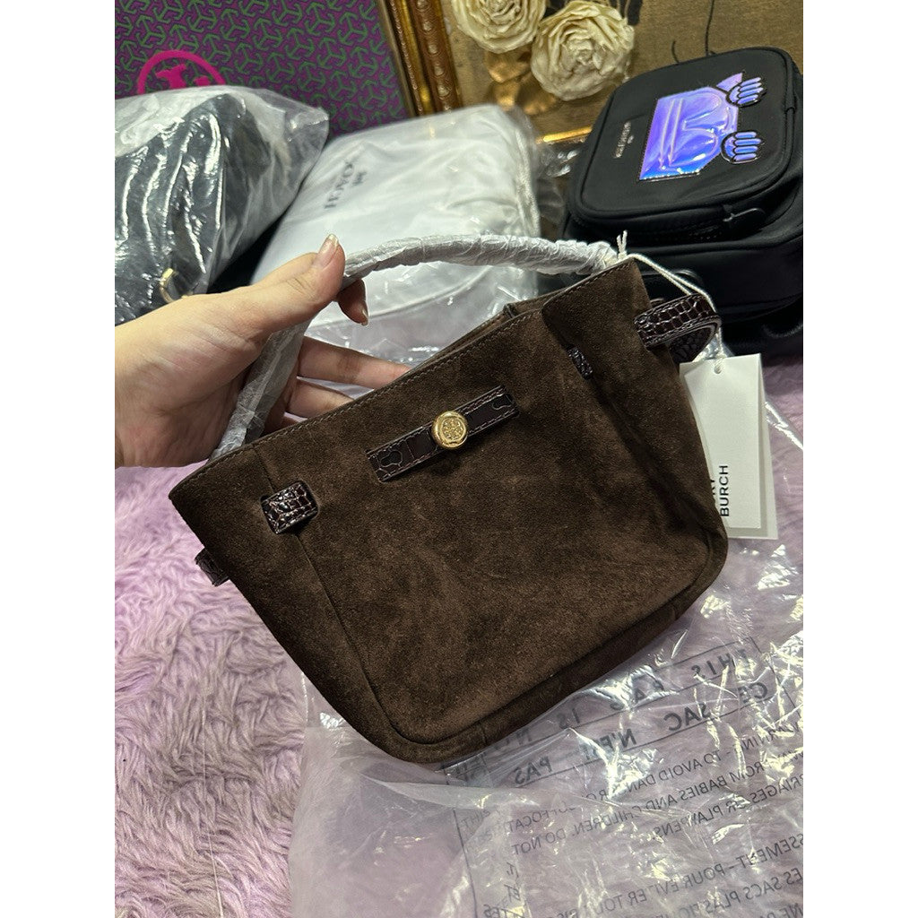 ORIG & IMPORTED TB Burch Dark Cocoa Brown Romy Suede Mini Bucket Bag Brown