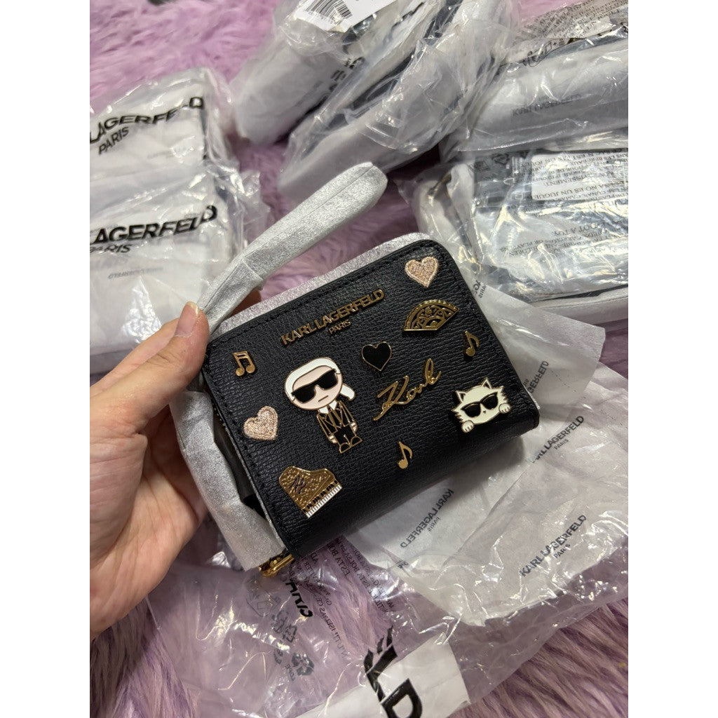 ORIG & IMPORTED Karl Lagerfeld KL Small zip around black bifold wallet wristlet with pins