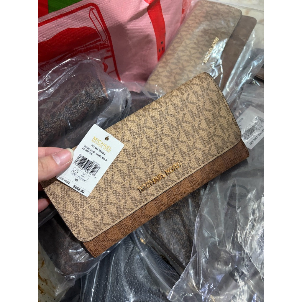 ORIG & IMPORTED MK Jet Set Large Logo Long Trifold Wallet Brown/Camel