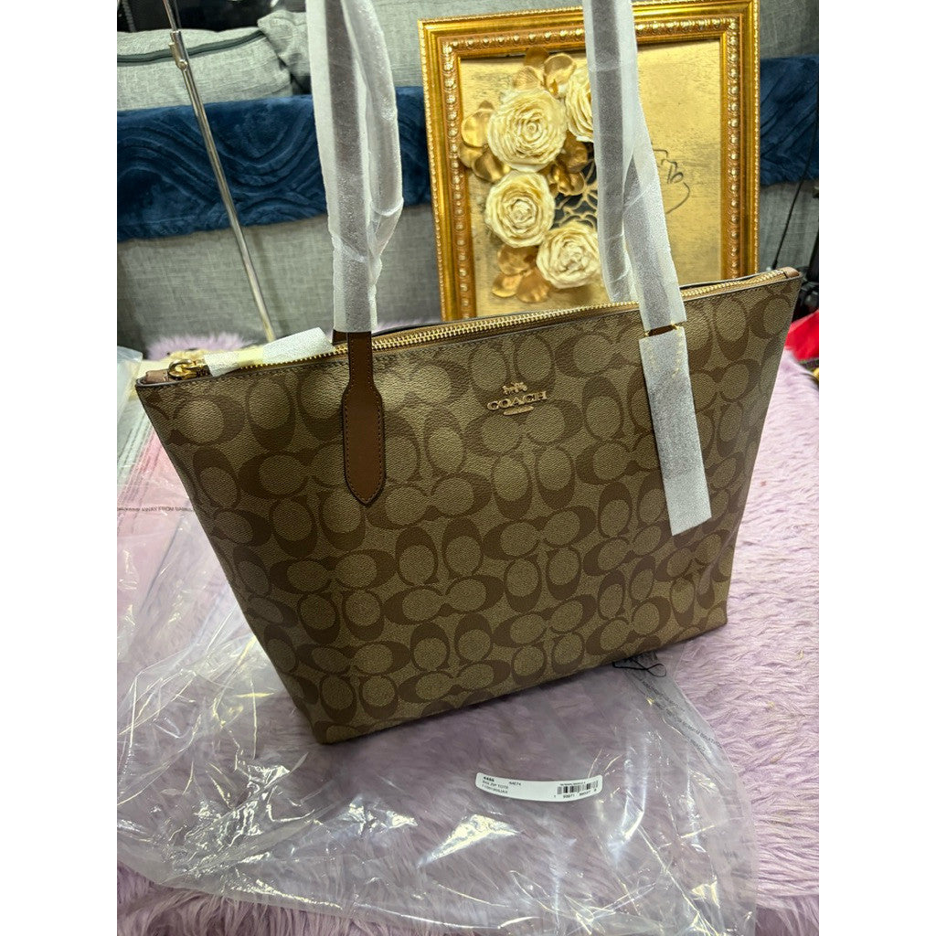 ORIG & IMPORTED Coach Medium Zip Top Tote Bag In Signature Canvas Saddle/Brown