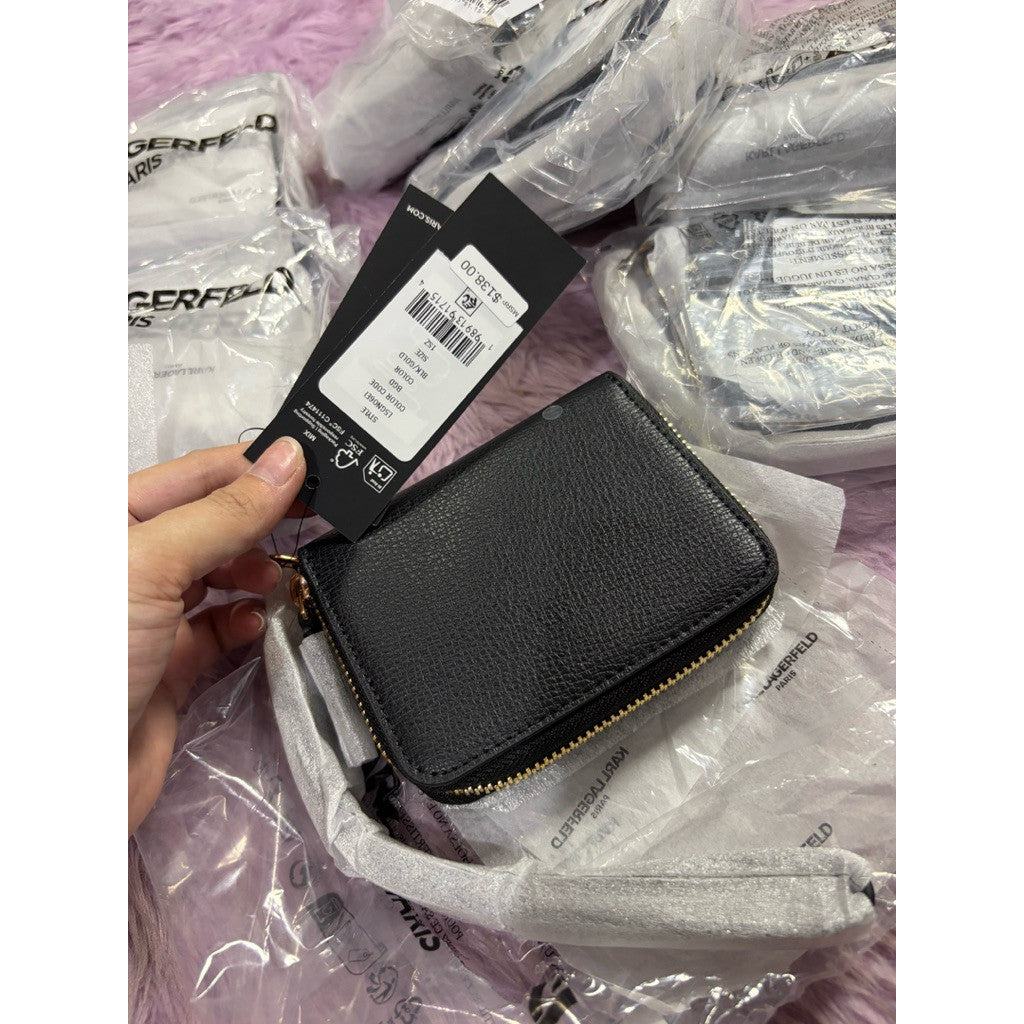 ORIG & IMPORTED Karl Lagerfeld KL Small zip around black bifold wallet wristlet with pins