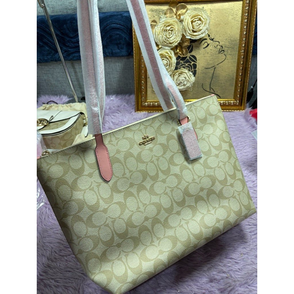 ORIG & IMPORTED Coach Medium Zip Top Tote Bag In Signature Canvas Light Khaki/Pink