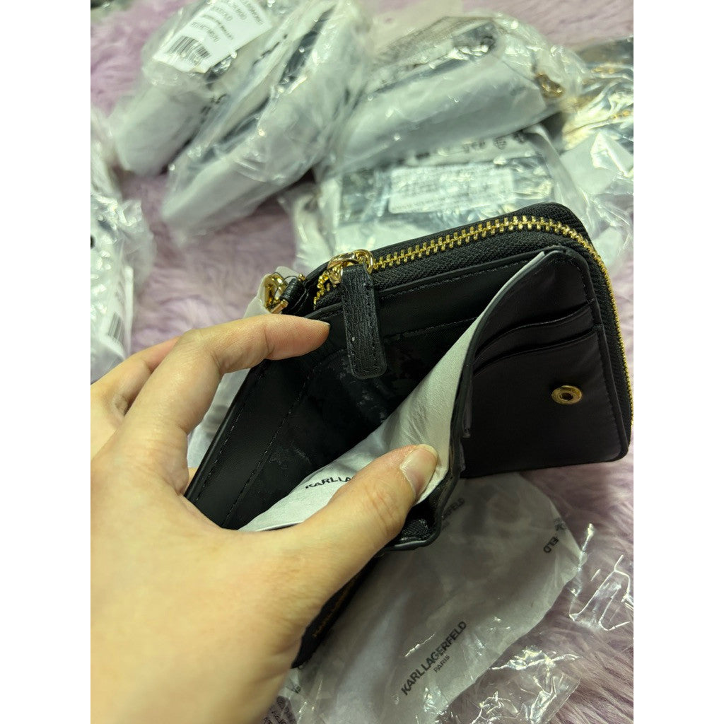 ORIG & IMPORTED Karl Lagerfeld KL Small zip around black bifold wallet wristlet with pins