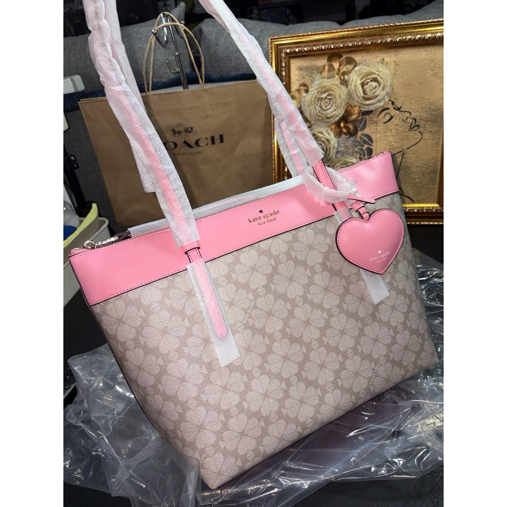 ORIG & IMPORTED KS All Day Spade Flower Tote Pink/Beige Bag With Charm